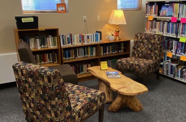 Library Sitting Area With Chairs and Coffee Table